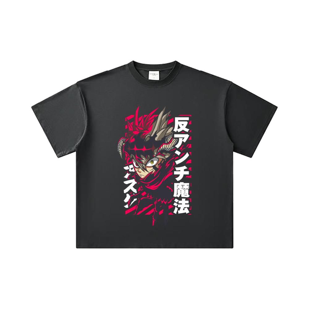 260 GSM Double Yarn 32 Count 100% Cotton Black Clover V5 Asta Demon Print Unisex Heavy Cotton T Shirt
