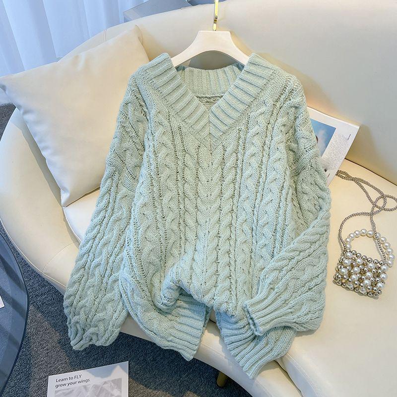 Verdikte V-hals Gedraaide Trui Dames Herfst Winter Gebreide Basislaag Top Lazy Style Design van het Seizoen