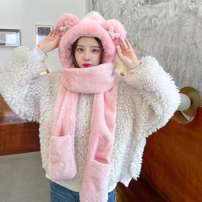 Hat female autumn and winter warm knitted wool snow hat cycling mother fashion ear protection headgear scarf integrated hat