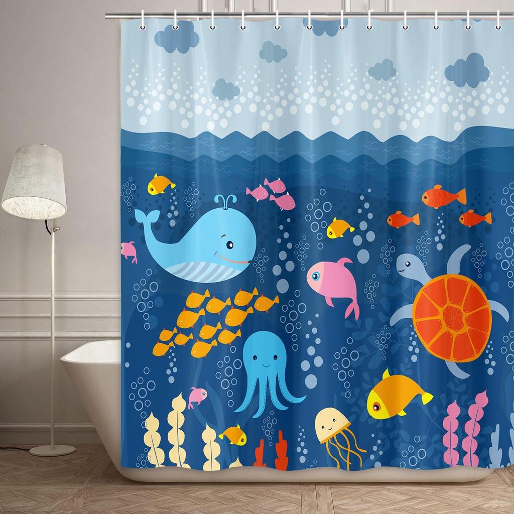 JAWO Cartoon Sea Creatures Fabric Shower Curtain for Kids, Under The Sea Bluey Whale Turtle Fish Kids Toddler Bathroom Decor Ocean Curtain for Girls