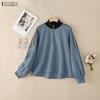 ZANZEA Women Casual Stand Collar Splice Long Sleeve Blouse Tops