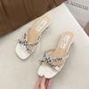 French Square Head Mid-heel Shoes Women's Roman Sandals 2025 Summer New Wear Cross Rhinestone Slippers Cool Slippers