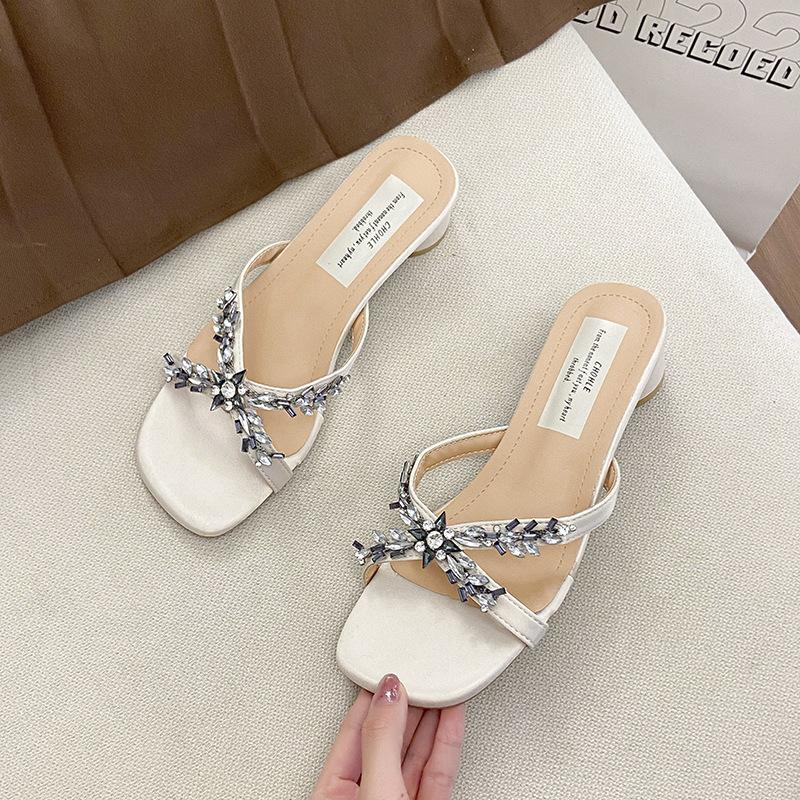 French Square Head Mid-heel Shoes Women's Roman Sandals 2025 Summer New Wear Cross Rhinestone Slippers Cool Slippers