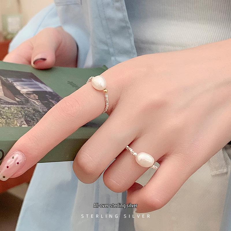 Cui Yan S925 Sterling Silver Natural Pearl Korean Style Color Block Elastic Ring for Women