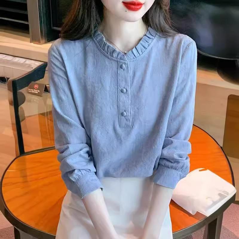 Bottoming Shirt Long-sleeved Spring and Autumn New Temperament Shirt Top Lotus Leaf Collar Jacquard Cotton and Linen Women's Commuting