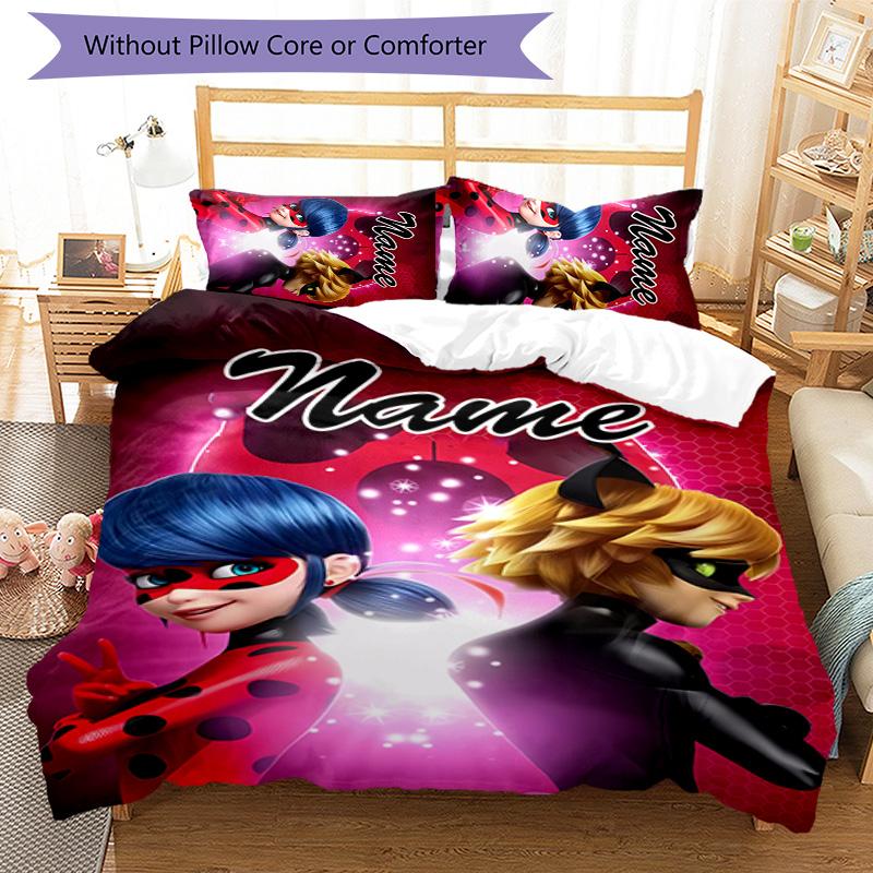 3pcs Ladybug2 Cover Set - Personalized Name, HD Printed Bedding with 1 Cover and 2 Pillowcases - Perfect for Home Decor, Easy Care