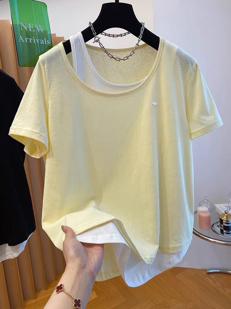 Plus Size Korean Snowflake Cotton Two-Piece Look T-Shirt, Women's Short Sleeve, Loose Casual Top (2026)