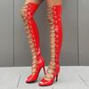 Fashion Summer Rivet Chain Fish Mouth Women Cool Boots Sexy Red High Heel Sandals Dress Party Over Knee Motorcycle Boots Size 34-48