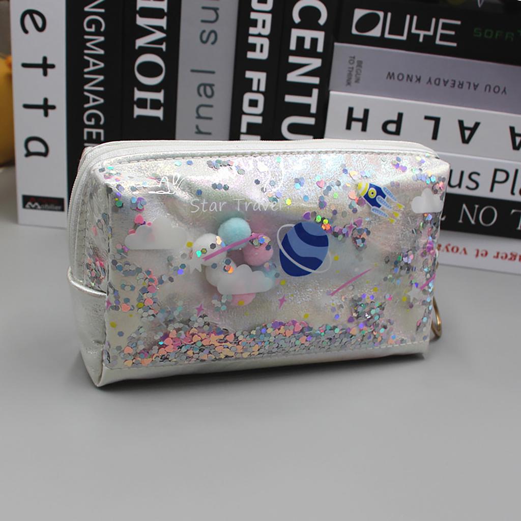 Large Capacity Planet Glitter Cosmetic Bag Cute Starry Makeup Pouch For Girls Student Pencil Case Travel Toiletry Bag