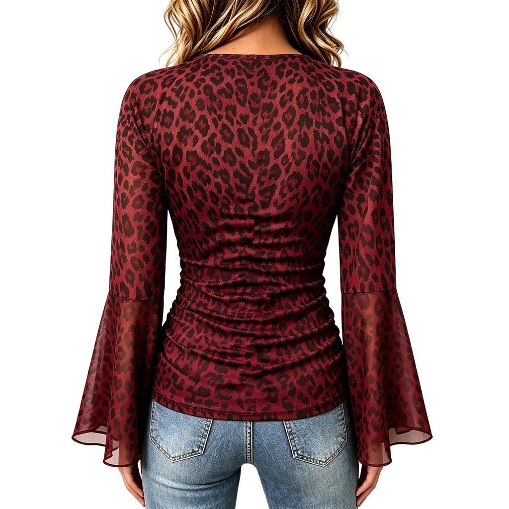 Women's Leopard Print Long Sleeve V-Neck Pullover Top for Casual Everyday Outfits