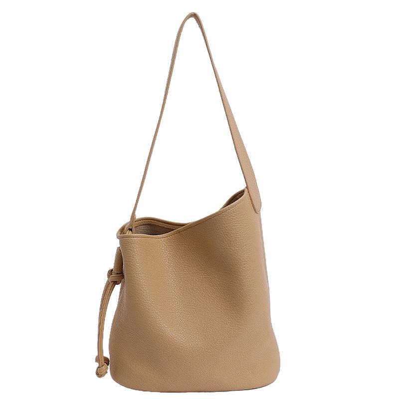 Summer New Niche Lychee Pattern Soft Leather Simple Bucket Bag Fashionable Single Shoulder Underarm Bag Women