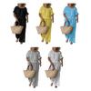 Summer Cotton Linen 2 Piece Outfits for Women Casual Short Sleeve Drawstring Crew Neck Top And Wide-Leg Pants Lounge Matching Set