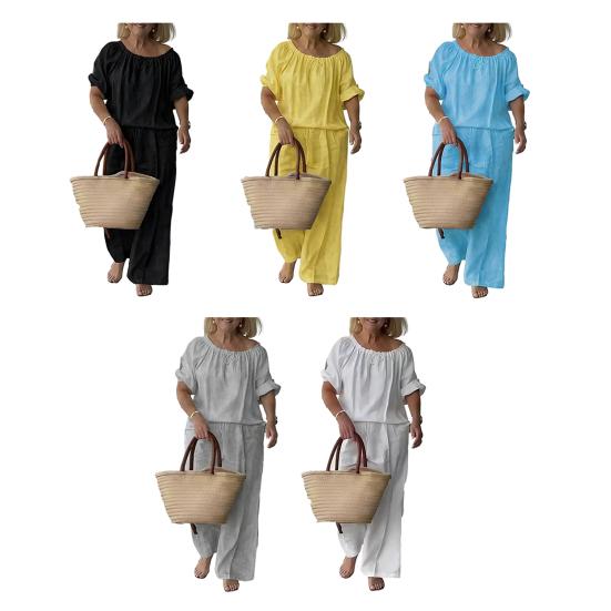 Summer Cotton Linen 2 Piece Outfits for Women Casual Short Sleeve Drawstring Crew Neck Top And Wide-Leg Pants Lounge Matching Set