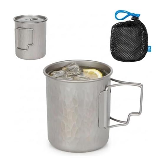 COOK N ESCAPE Titanium Mug, 450ml, Hammered, Lightweight, Unpainted, Open Fire Suitable, With Handle, Titanium Cup, Solo Camping, Coffee Cup, Food