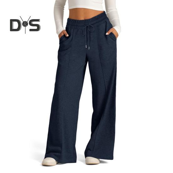 Damen Freizeithose, elastische hohe Taille, verstellbarer Kordelzug, gerade Hose mit weitem Bein und Taschen, einfarbig, lange Hose