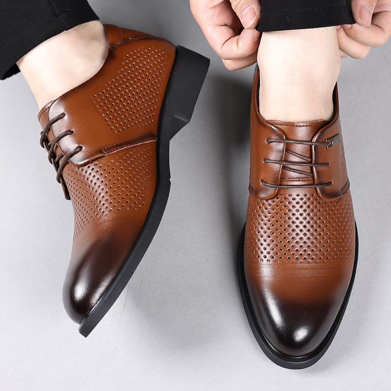 Fashion Brand Men's Comfortable Genuine Leather Summer Hollow Breathable Derby Leather Shoes High Quality Men Lace Up Gentlemen's Shoes