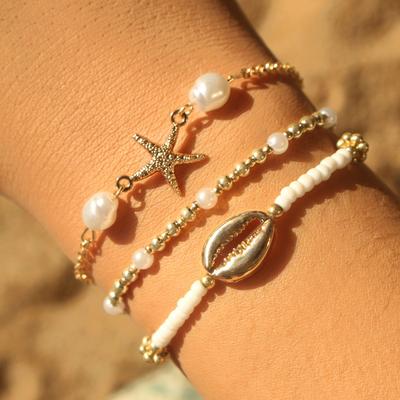 Exquisites handgefertigtes Seestern-Muschel-Armband-Set Koreanisches CCB-Reisperlen-Armband Damen Täglich Party Sommer Strand Zirkon