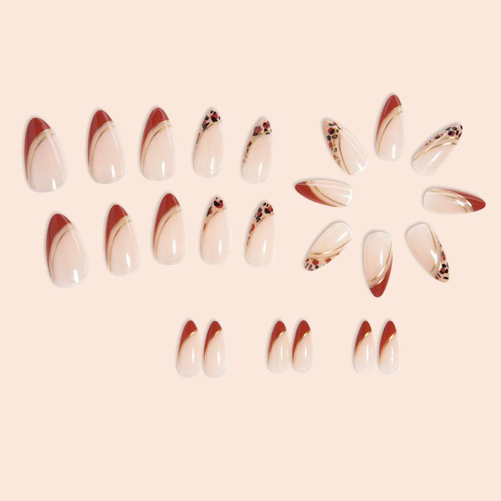 Almond Gold Line French Nail Stickers - Coffee & Leopard Print Fake Nails