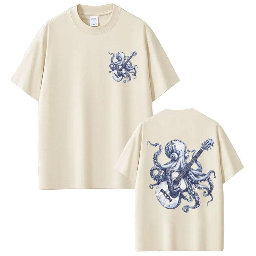 Octopus Playing Guitar Vintage Style Graphic T Shirts Men Women Fashion Funny 90s Harajuku T-shirt Oversized Cotton Casual