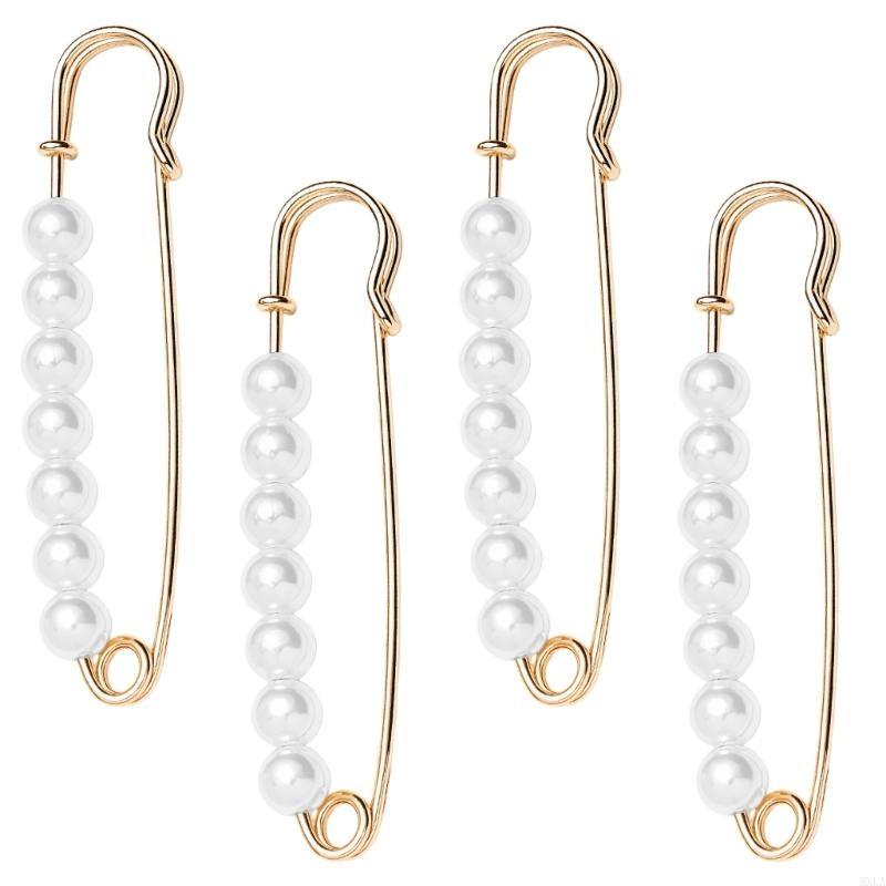 MXLA 4Pcs Pearls Beaded Safety Pin Decorative Waistband Adjusters Clip for Jeans