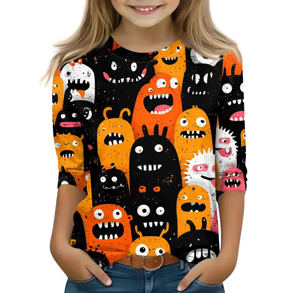 Print Tops For Youth Girls 5-16 Years Round Neck 3/4 Sleeves T-Shirts Trendy Tops Outfit Tees