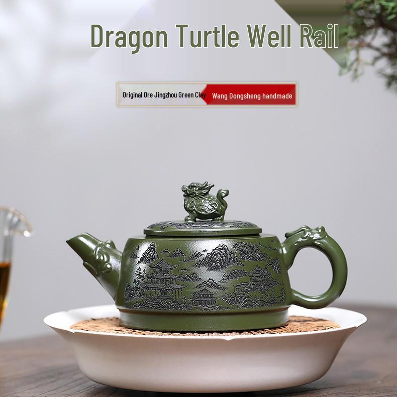 Yixing Zisha Green Clay Dragon Turtle Teapot - Handmade Gongfu Tea Set for Home Gift Box