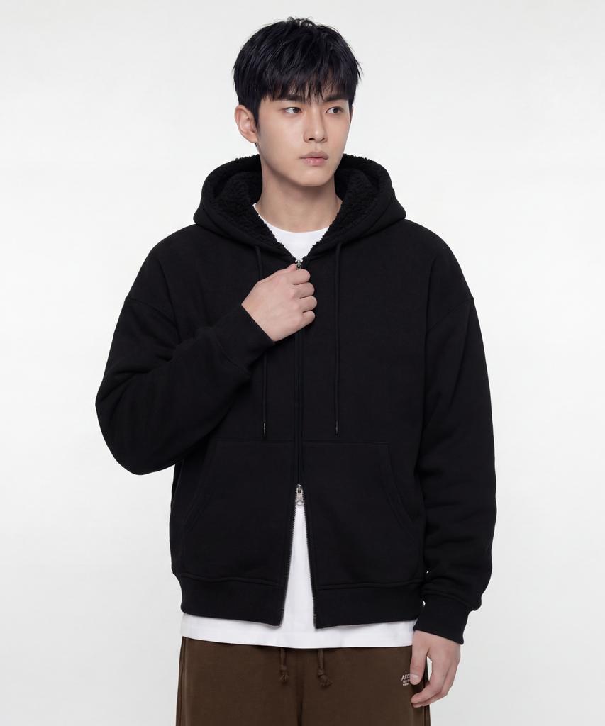 Agod Reversible Heavy Fleece Boa Hooded Zip-Up [Black]