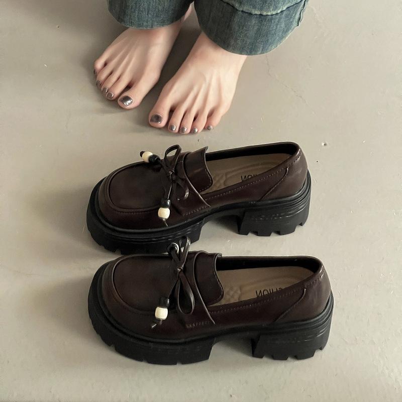 British style thick heel light mouth single shoes women's 2025 autumn French retro versatile bow small leather shoes loafers