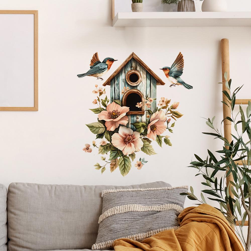 Painted Flowers Bird Birdcage Bedroom Living Room Entrance Home Beautification Decoration Wall Stickers