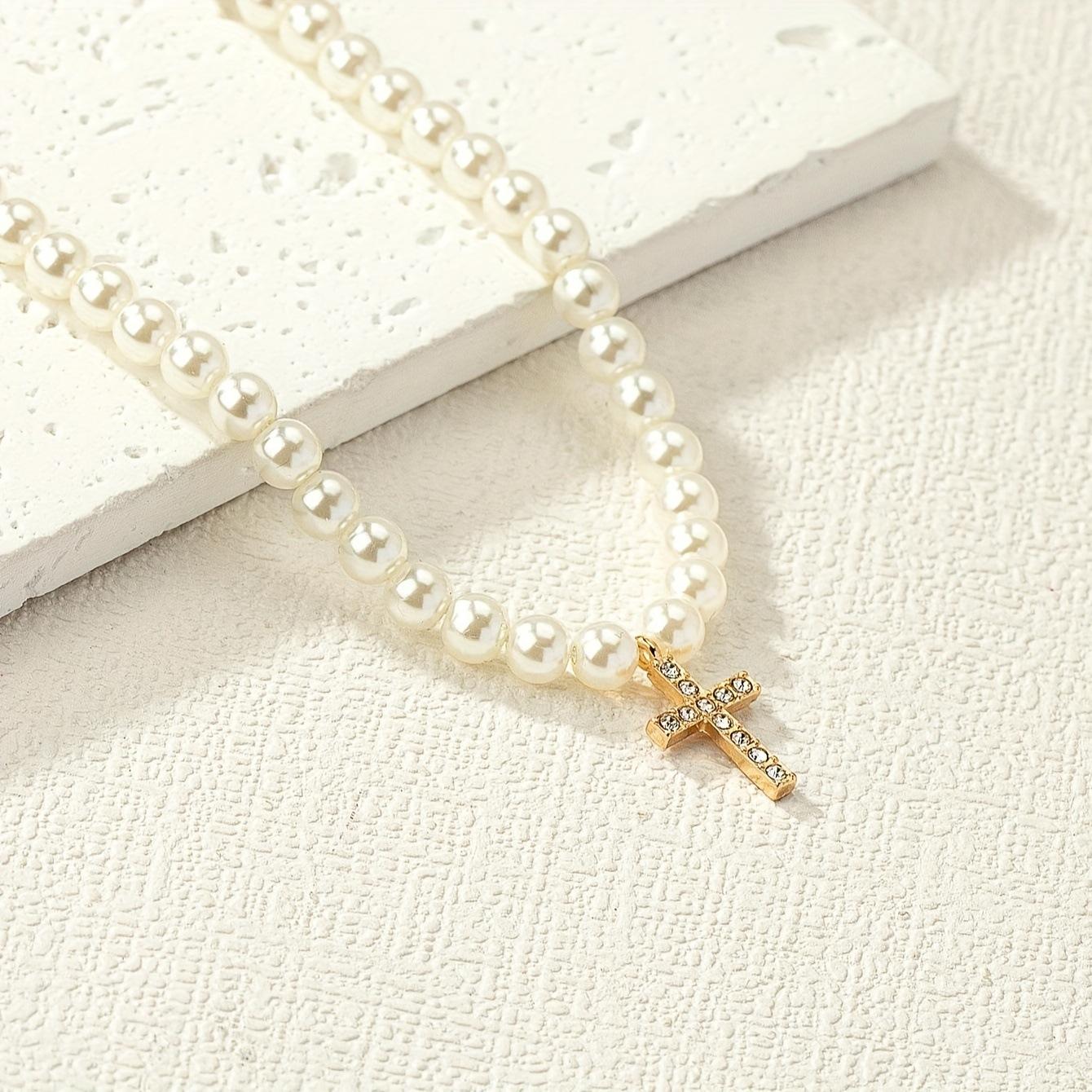 Простой крестик-подвеска, жемчужное ожерелье, ретро-стиль, нишевое дизайнерское исполнение, тот же товар.