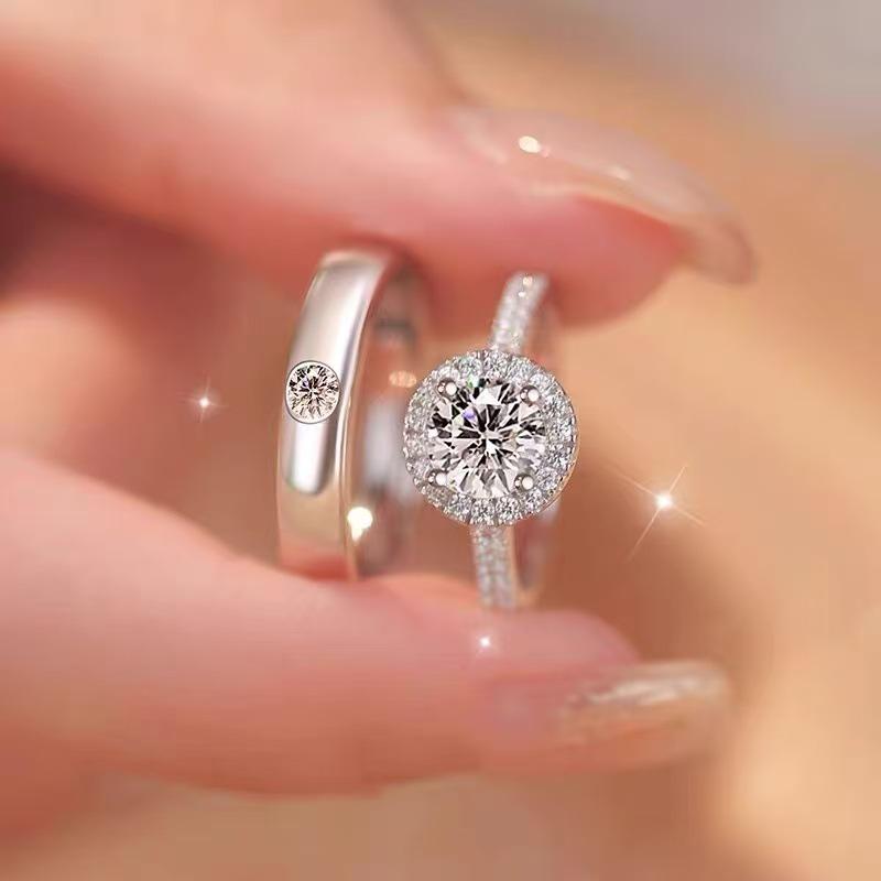 Sterling Silver Platinum-Plated Gold Diamond Inlaid Unisex Matching Rings - Light Luxury High-End Open Design