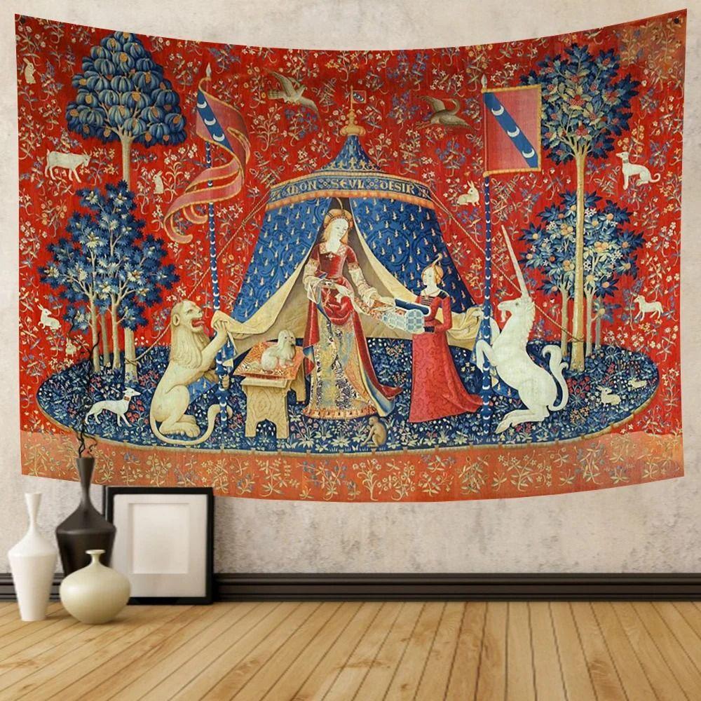 Medieval Mythical Tapestry European Classic Unicorn and Lion Pattern Wall Hanging for Bedroom Living Room Decor 100X70CM