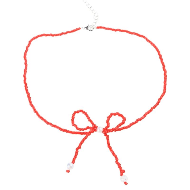 

Fashionable Bowknot Pendant Necklace Handmade Colorful Beads Neckchain Bow Clavicle Chain for Women Girls Choker