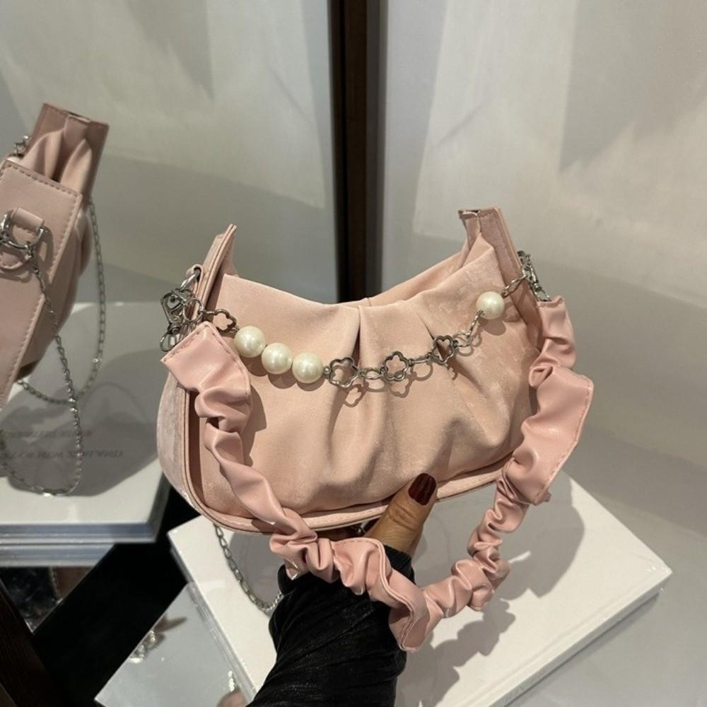 Korean Style Pearl Chain Crossbody Bag Solid Color Pleated Handbag Cloud Shoulder Bag Outdoor