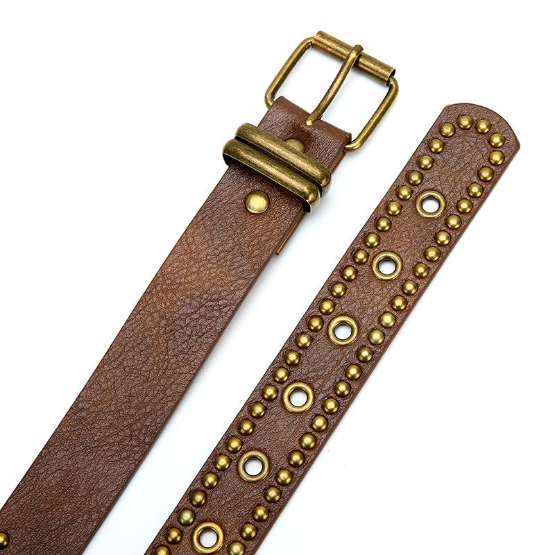 Vintage Pu Leather Belt With Rivet Studs Hollowed-Out Design Perfect For Daily Wear Jeans Casual Outfits