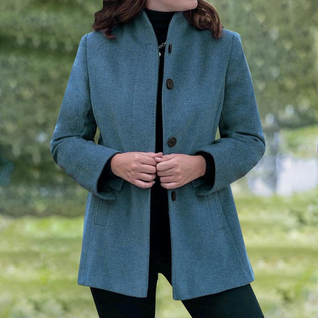 Manteau d'hiver en laine à manches longues pour femme, coupe décontractée, coupe ajustée, revers, fausse poche, cardigan à boutons