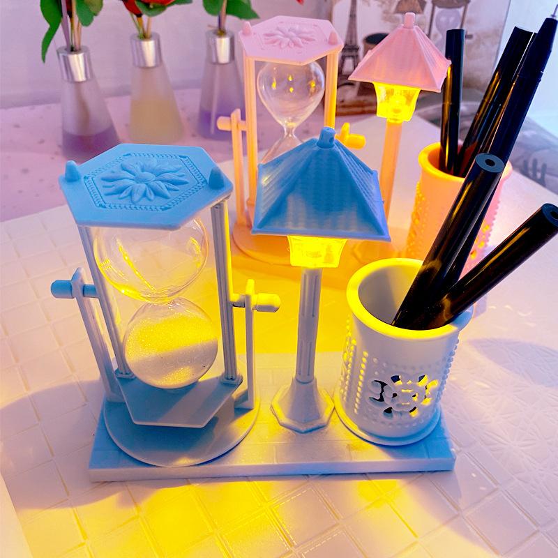 Antique Flow Sand Street Lamp Pen Holder Student Gift White Hourglass Color Changing Small Night Light Ornaments