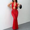 Women's Sexy Solid Color Halter Neck Hollow Out Sheer Lace Slim Fit Mermaid Maxi Evening Party Dress