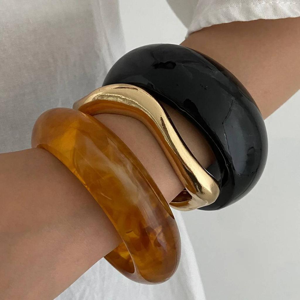 SHIXIN 3 Styles Punk Acrylic Resin Thick Wide Bangles for Women Retro Irregular Geometry Stackable Bracelet Versatile Jewelry