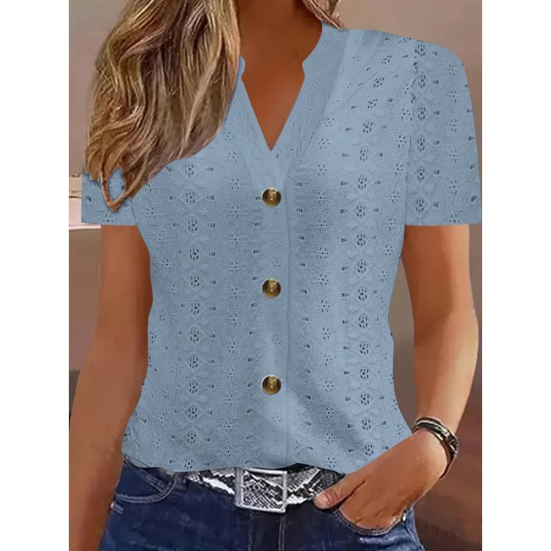 Modische lässige einfarbige Damen-T-Shirts mit V-Ausschnitt und kurzen Ärmeln