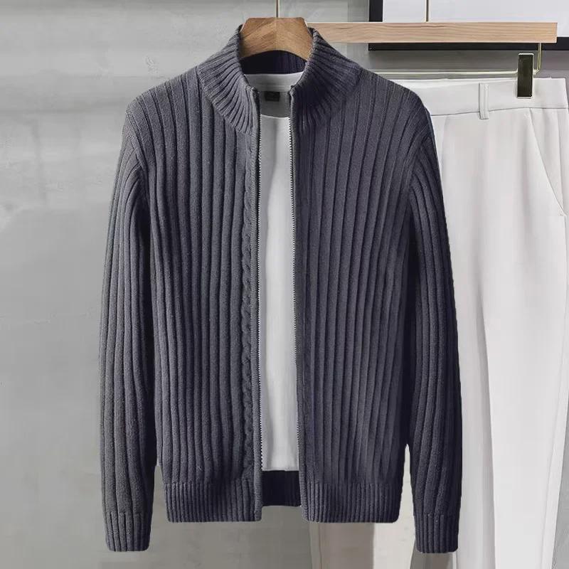 American Autumn/Winter Solid Color Zippered Knit Cardigan: Trendy Korean-Style Men's Outerwear