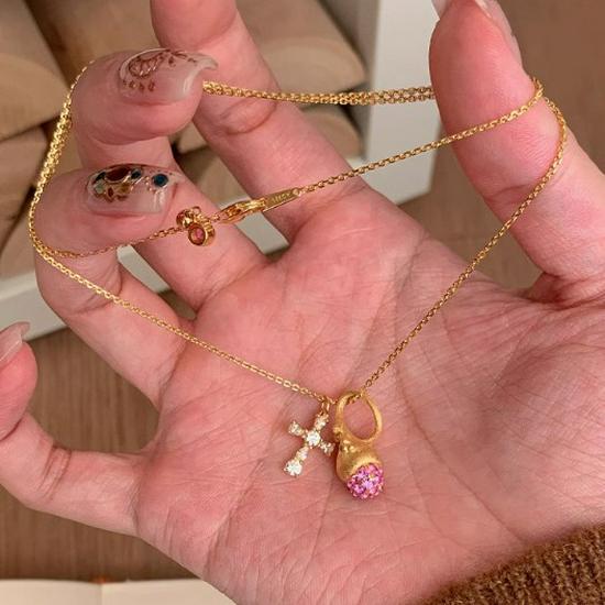 S925 Sterlingsilber Rosa Zirkon Tannenzapfen Schlüsselbeinkette - Herbst/Winter Kreuzanhänger für Damen