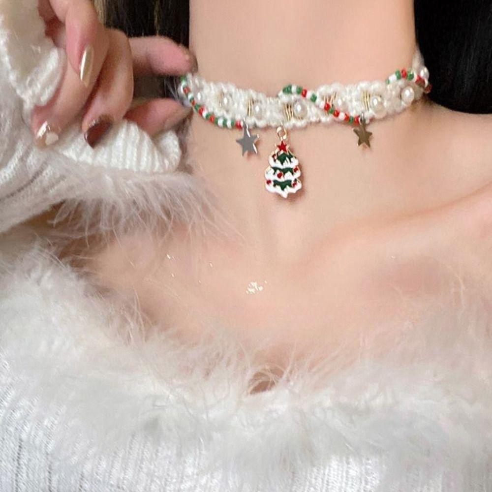 Christmas Tree Snowflake Rhinestone Necklace Santa Claus Xmas Clavicle Chain  Winter