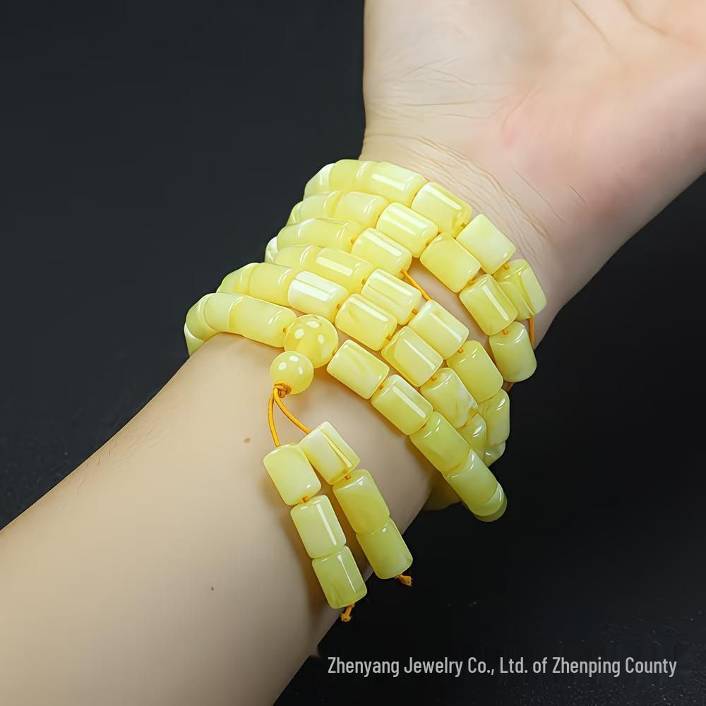 Russian White Beeswax Beads Buddhist Rosary: Multi-strand Bracelet Necklace with Hundred Flowers Amber Design