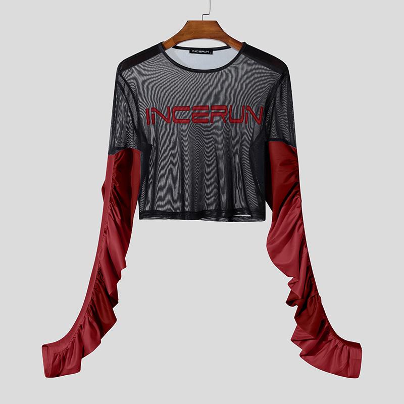 

INCERUN Men O Neck Twisted Long Sleeve Patchwork Mesh Sheer See Through Tops T-shirts L