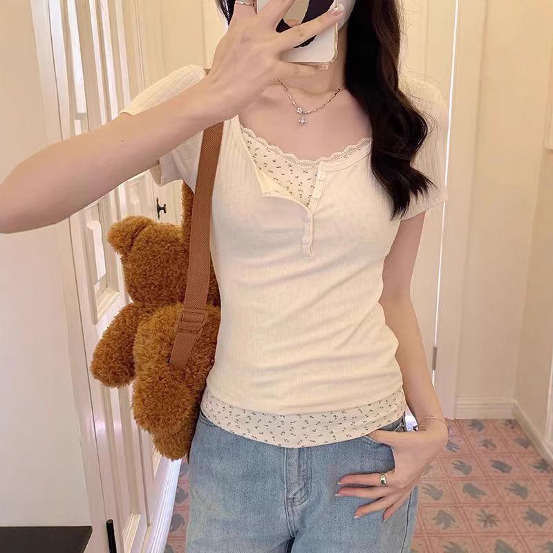 Korean Y2K Lace Faux Two-Piece Short Sleeve Women's Slim Top