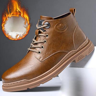 Men's Winter Leather Snow Boots With Fur Lined Autumn Ankle Boots Men's Business Fleece High Top Shoes Outdoor Anti-Slip Warm Lace-Up Short Booties