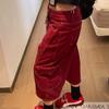 Red Multi Pocket Women's Cropped Pants American Retro Loose Female's Cargo Pants High Waisted Versatile Summer Clothing