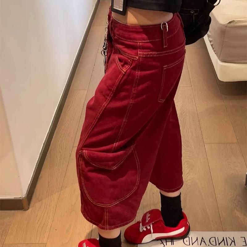 Red Multi Pocket Women's Cropped Pants American Retro Loose Female's Cargo Pants High Waisted Versatile Summer Clothing