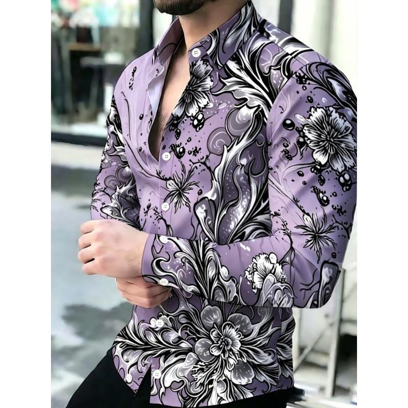 Cămașă Bărbați cu Imprimeu Floare de Bujor, Mânecă Lungă, Guler Slim Fit, Trendy Casual pentru Petrecere